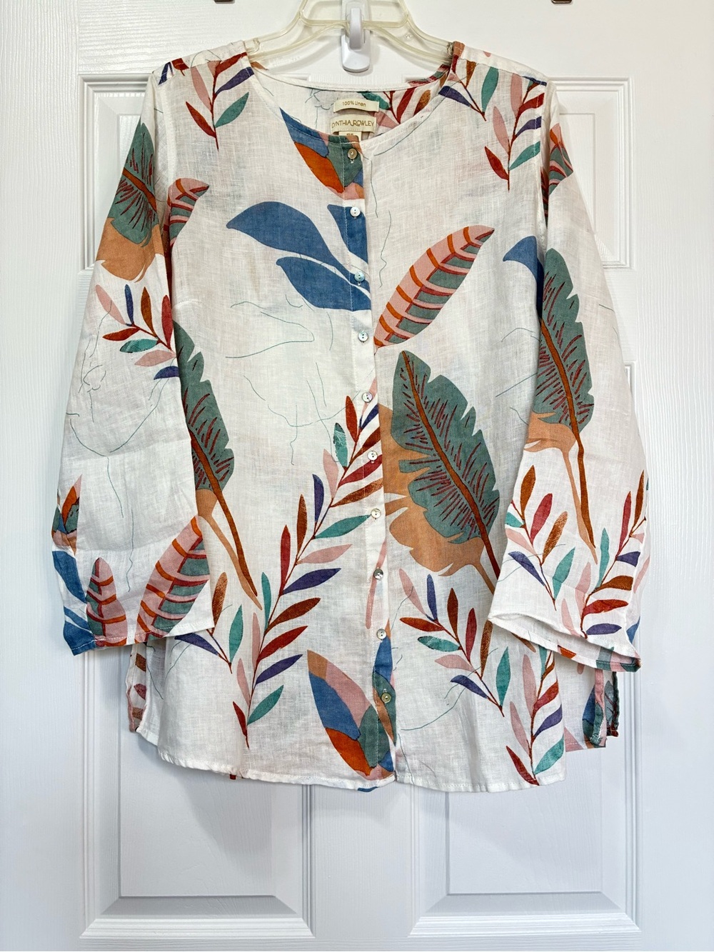 Cynthia Rowley Linen Top Womens 1X White Floral Button Up Roll Tab Sleeve Summer